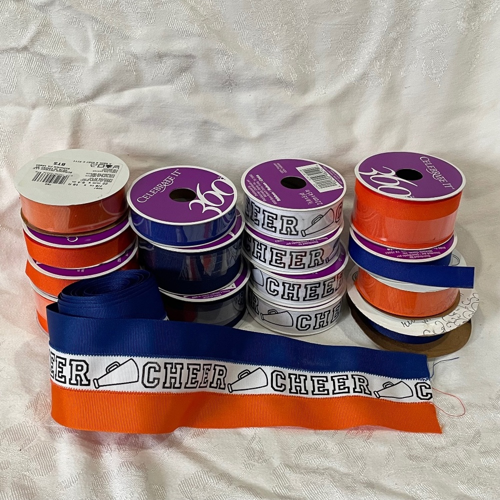 Large Lot of CHEERLEADER Hair Ribbon - Blue, White, Orange 📣 CHEER